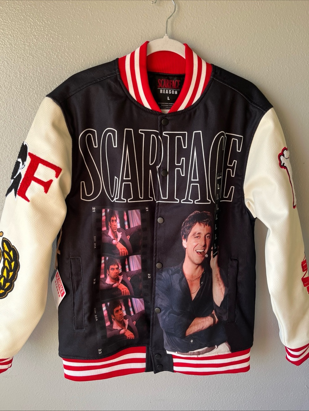 Reason Scarface Black, White & Red Varsity Jacket
